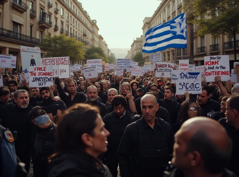 Large crowd of protestors holding signs and banners in a Greek city, demonstrating against the government and demanding justice for the train crash victims. Police presence is visible in the background.