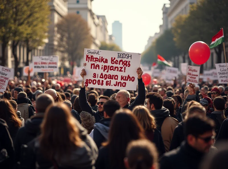 Protesters holding signs and banners in Athens, Greece