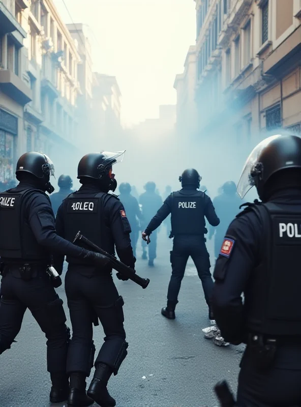 Police officers in riot gear confronting protesters in a city street.
