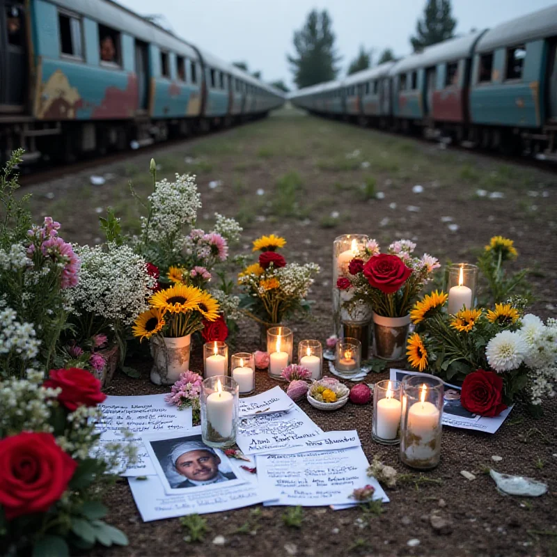 A memorial with flowers and candles at the site of the train crash.