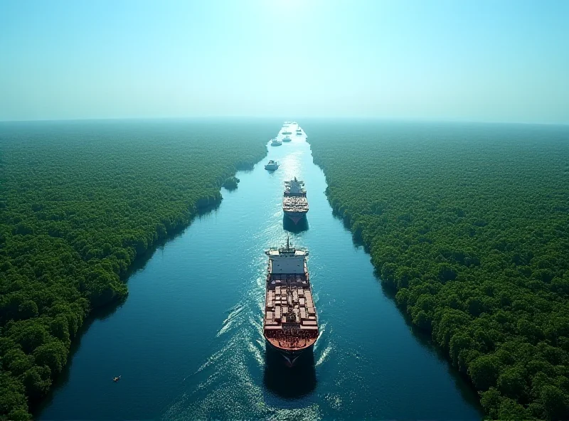Aerial view of the Panama Canal with ships transiting, set against a lush green landscape under a bright blue sky.