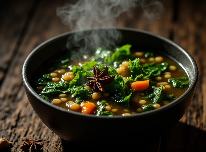 A steaming bowl of greens and barley broth with visible barley, greens, and spices.