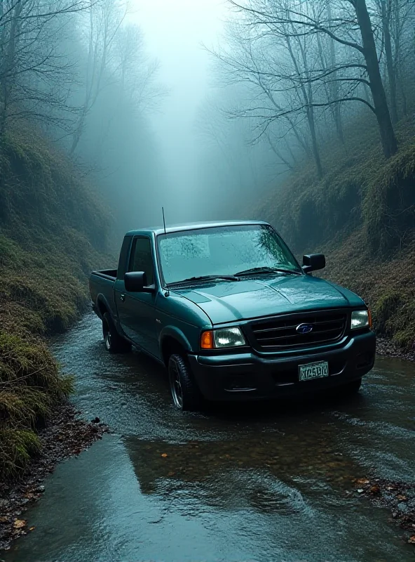 A distressed and damaged pickup truck at the bottom of a ravine near a creek, partially submerged in water.