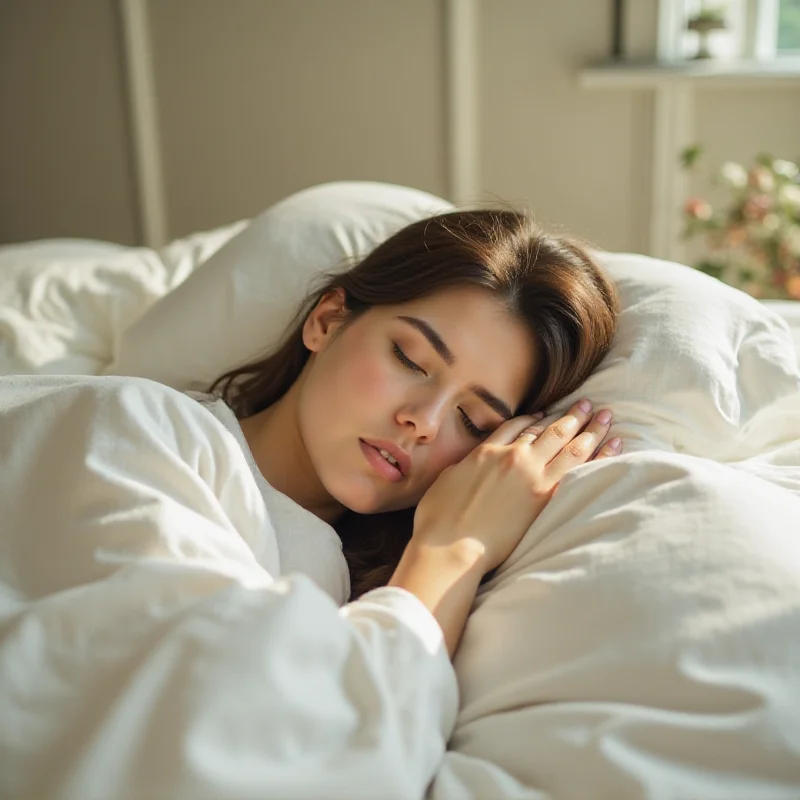 A person sleeping peacefully on a comfortable pillow in a well-lit bedroom.