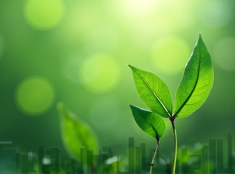Conceptual image representing economic degrowth with downward trending graphs and green leaves.