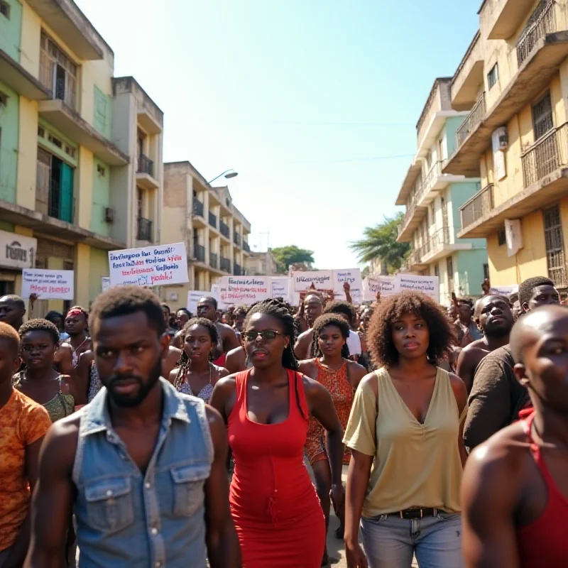 A group of people protesting in the streets of Bissau, Guinea-Bissau.