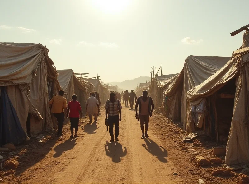 A crowded refugee camp in Haiti with makeshift shelters.