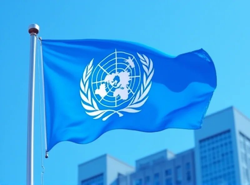 United Nations flag waving in front of the UN Headquarters in New York.