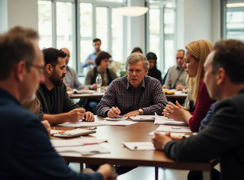 A diverse group of people engaged in a lively discussion in a brightly lit room.
