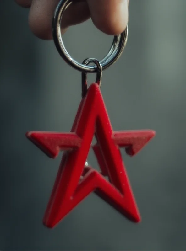 Close up image of a keychain with a red triangle symbol.