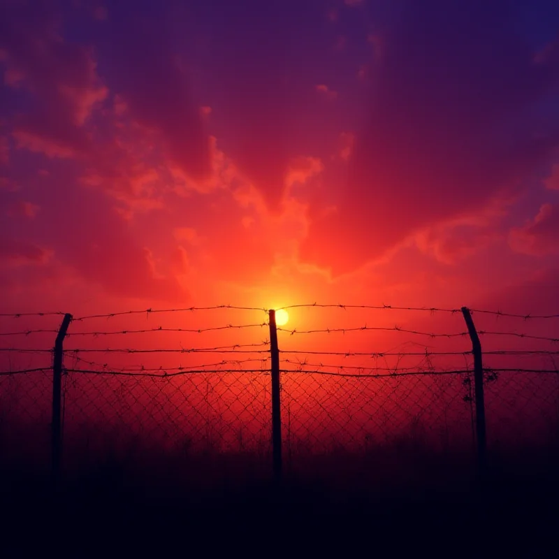 A barbed wire fence silhouetted against a dramatic sunset, symbolizing imprisonment and release.