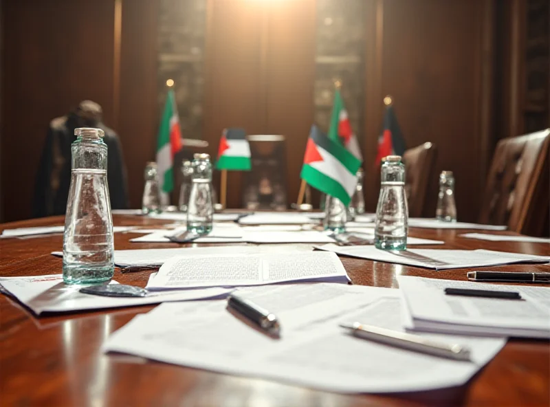 Negotiation table with documents and flags representing Israel and Palestine.