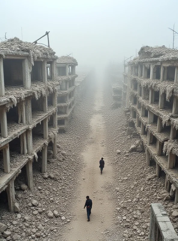 Overhead view of a destroyed building in Gaza, rubble and dust filling the air.