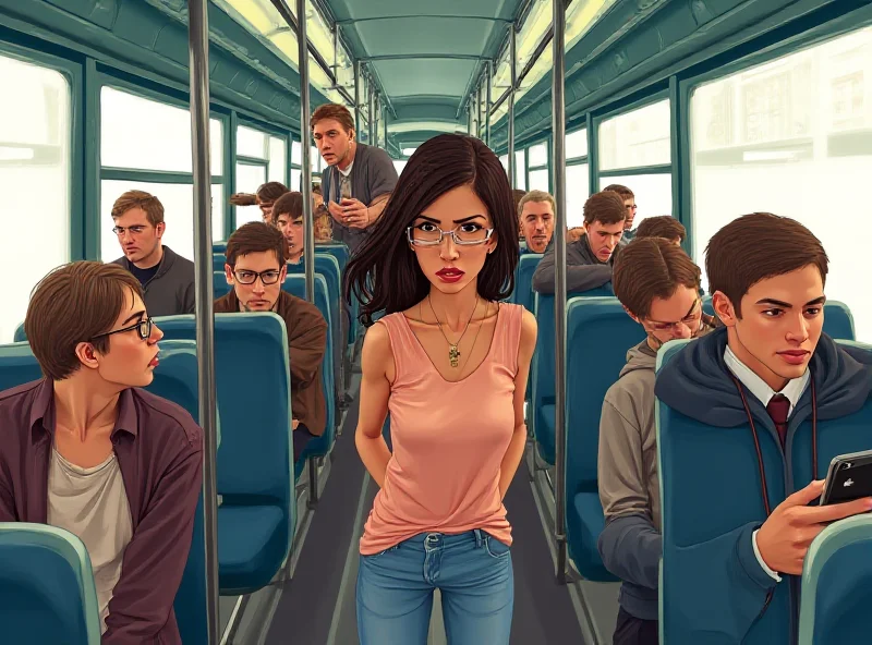 Illustration of a crowded bus with a woman looking distressed