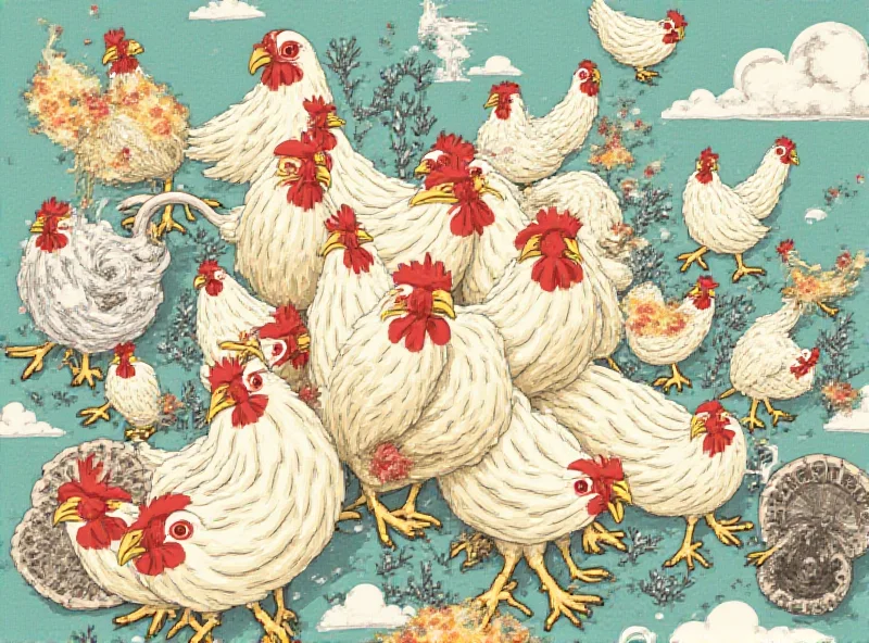 A whimsical illustration combining images of chickens, jet engines, computer chips, and euro banknotes, creating a surreal and interconnected composition.