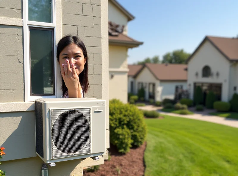 A modern heat pump installed on the side of a house, with a concerned neighbor looking at it from their window.