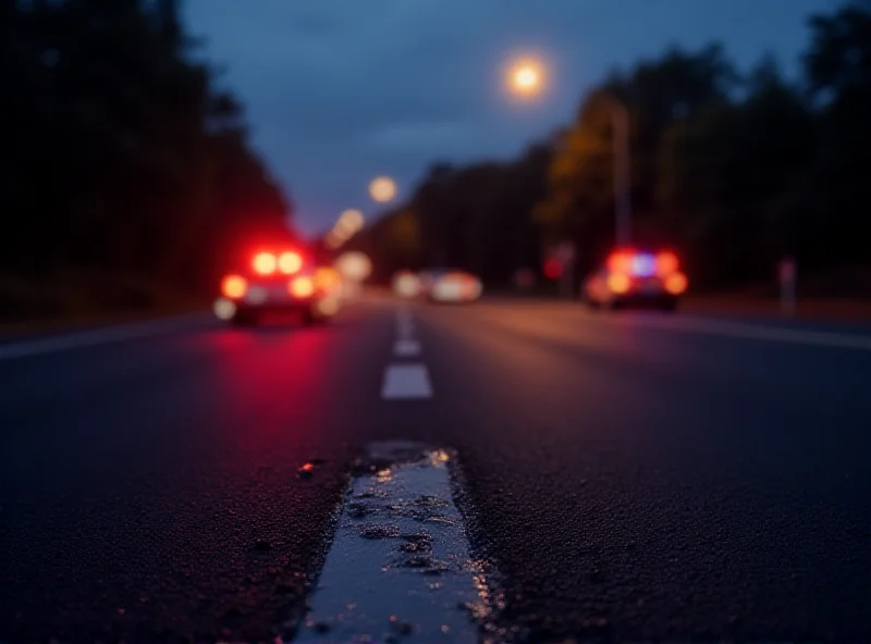 A somber roadside scene at dusk, with blurred emergency vehicle lights in the background, suggesting a recent car accident.