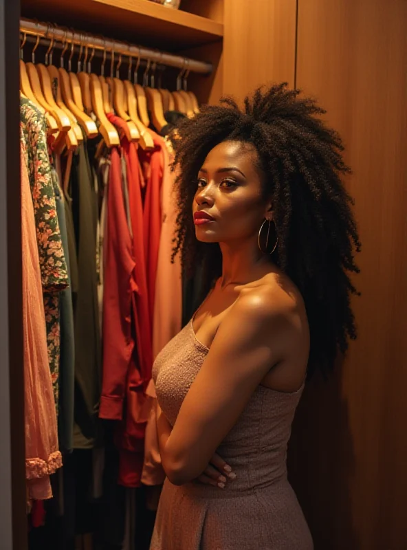 A person standing in front of an open closet filled with a variety of colorful clothing. They are thoughtfully considering which outfit to choose, with a slight smile on their face.
