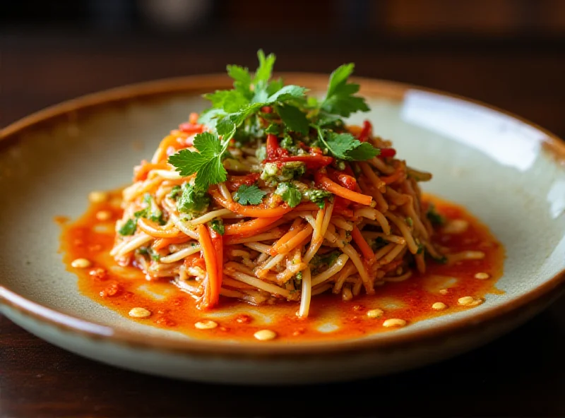 A beautifully plated Thai dish with vibrant colors and fresh ingredients, such as herbs, vegetables, and sauces. The dish is served on a stylish plate with an elegant background, suggesting a high-end restaurant setting.