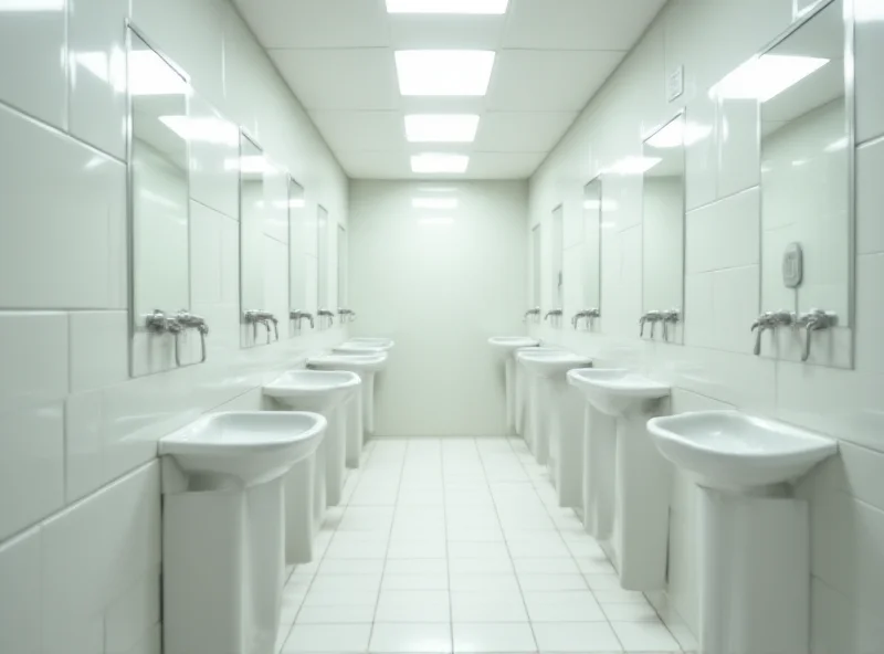 A row of school bathroom stalls with no mirrors above the sinks. The scene is clean and brightly lit.