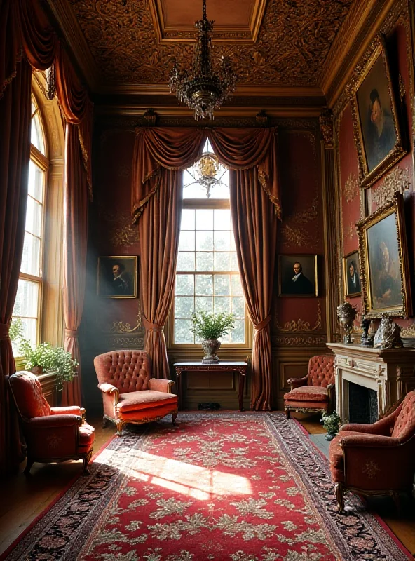 A lavish, ornate room inside a stately home. Antique furniture, portraits, and intricate details adorn the space. Sunlight streams through large windows.
