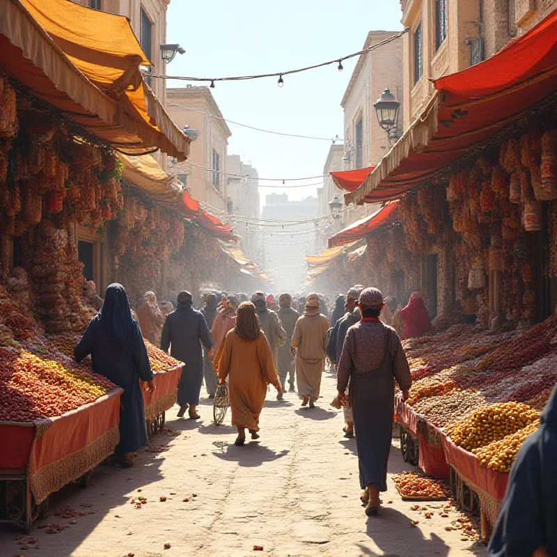 A bustling marketplace scene in a Middle Eastern city. Vendors are selling various goods from stalls and carts. People are walking through the crowded streets, creating a vibrant and lively atmosphere.