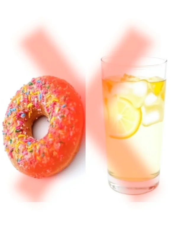 A split image. One side shows a sugary donut, the other shows a glass of lemon water. Both have a red 'X' overlaid on them.
