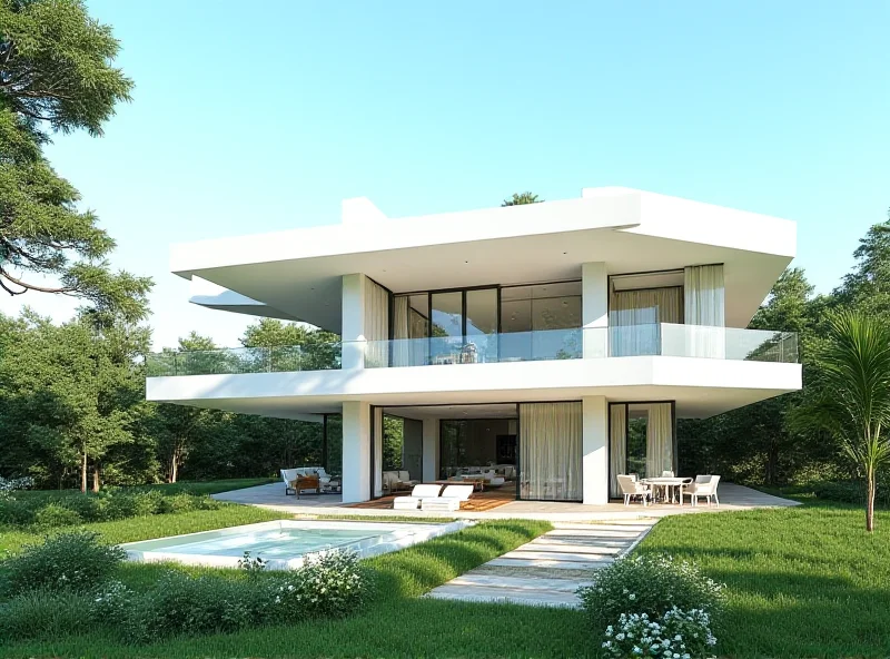 A modern family house elevated on columns, surrounded by a lush green garden with sheltered seating areas. Large windows offer panoramic views.