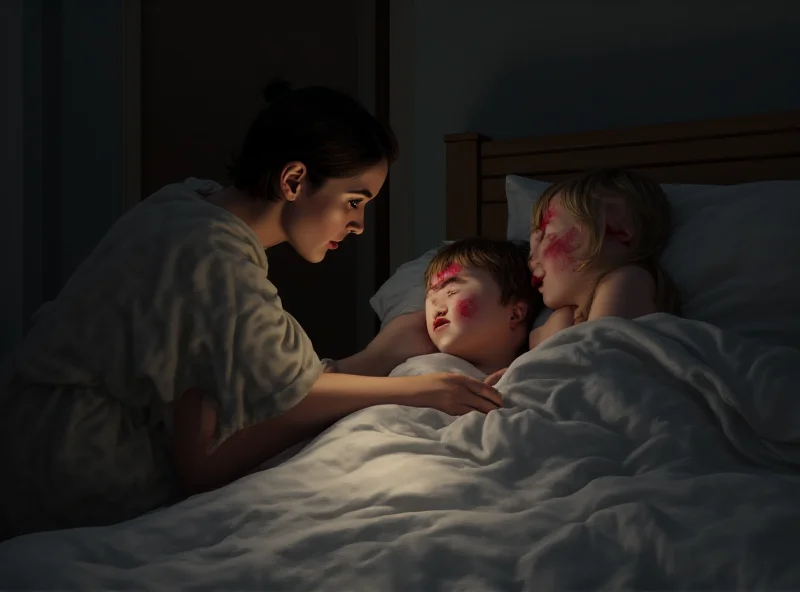 Illustration of a concerned parent looking at a child with measles spots.