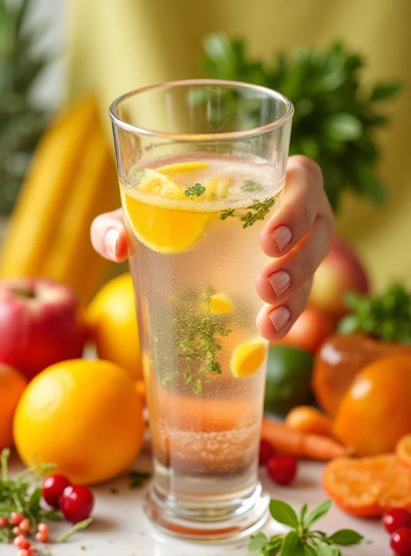 A person drinking a glass of water, with fruits and vegetables in the background.