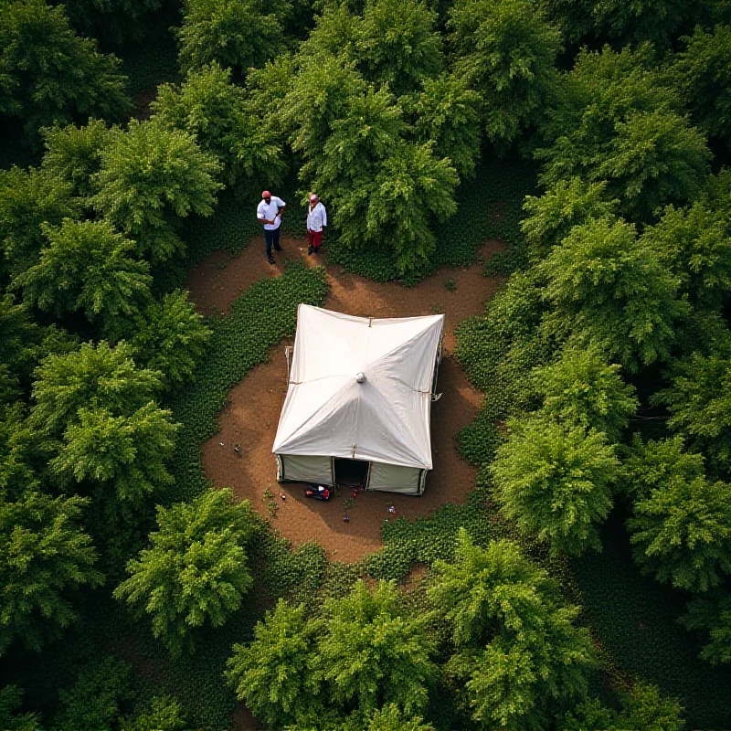 Aerial view of a remote village in the Democratic Republic of Congo, with a medical tent visible in the center.