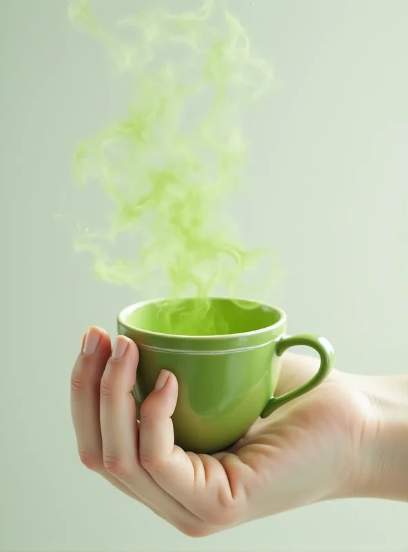 A person holding a steaming cup of matcha tea in a minimalist, modern setting.