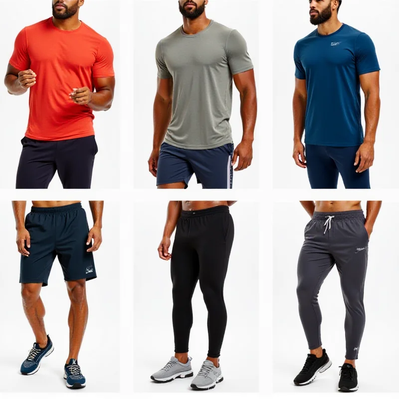 A collage of different types of men's workout clothes: t-shirts, shorts, leggings, and hoodies, all in athletic fabrics.
