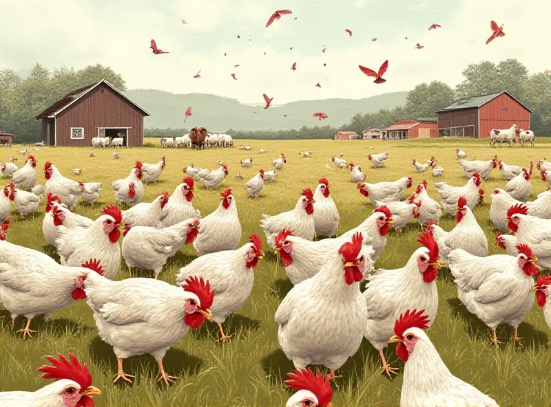 Illustration of avian flu spreading through birds and affecting livestock.