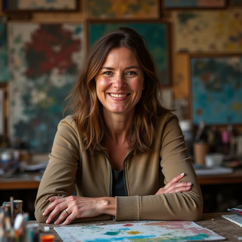 Portrait of Margot Turcat, an art teacher who suffered a stroke at 33, working on her art.