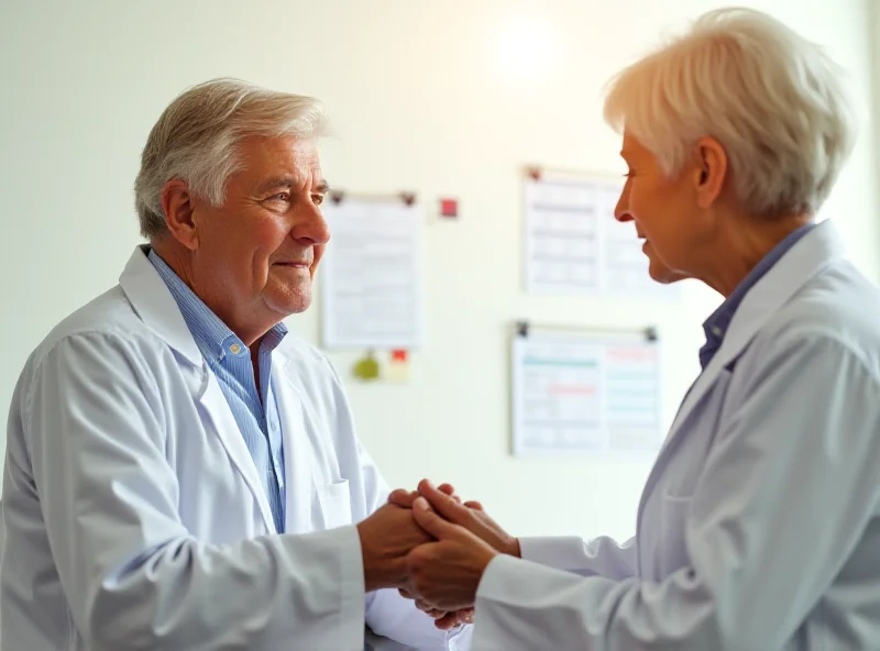 Elderly person receiving care from a doctor in a bright, modern setting. Focus on the doctor's compassionate expression and the patient's calm demeanor.