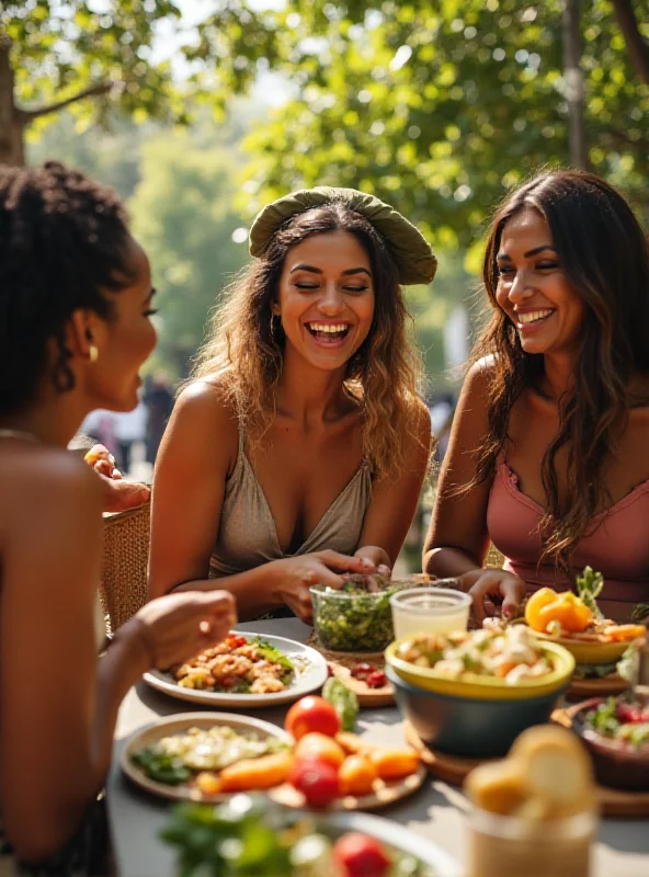 A group of diverse young Brazilians laughing and talking while enjoying healthy food outdoors. The scene is vibrant and sunny, emphasizing their youthful energy and focus on well-being.