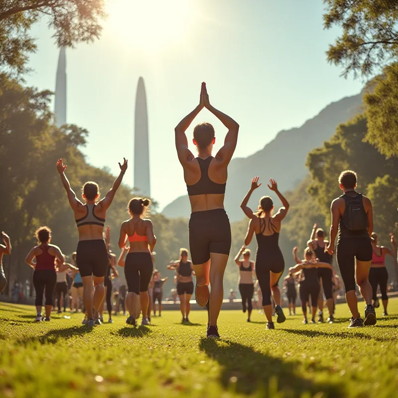 A diverse group of people exercising together in a park in Rio de Janeiro. The setting includes iconic landmarks, and the people are engaged in various activities like running, yoga, and group fitness classes. Sunlight and a sense of community are emphasized.