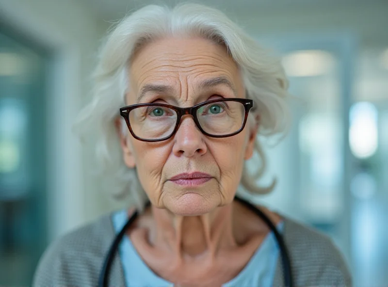 Elderly woman with glasses looking concerned.