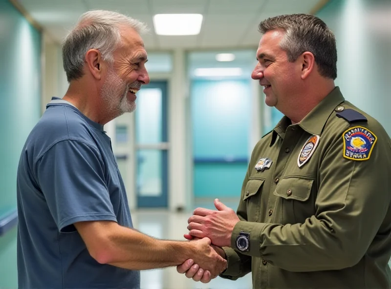 A man shaking the hand of a volunteer paramedic, both smiling.