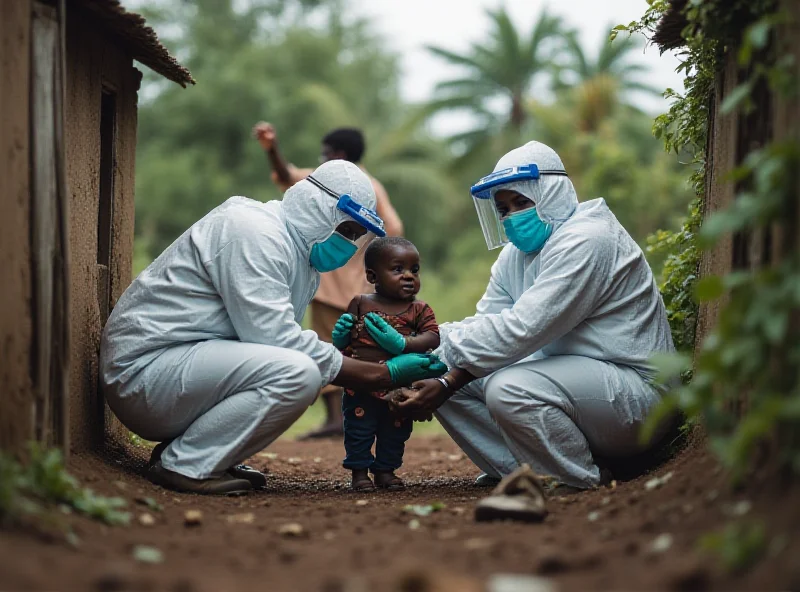 Healthcare workers in protective gear in a rural Liberian village, tending to patients during the Ebola outbreak.