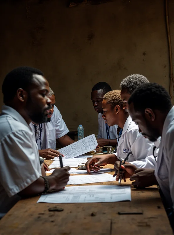 A group of local African health experts discussing possible causes of an unknown illness in a Congolese village.