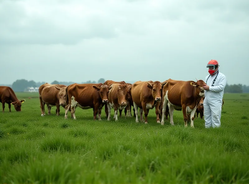 Cattle in a field, with a veterinary worker in the background examining them.