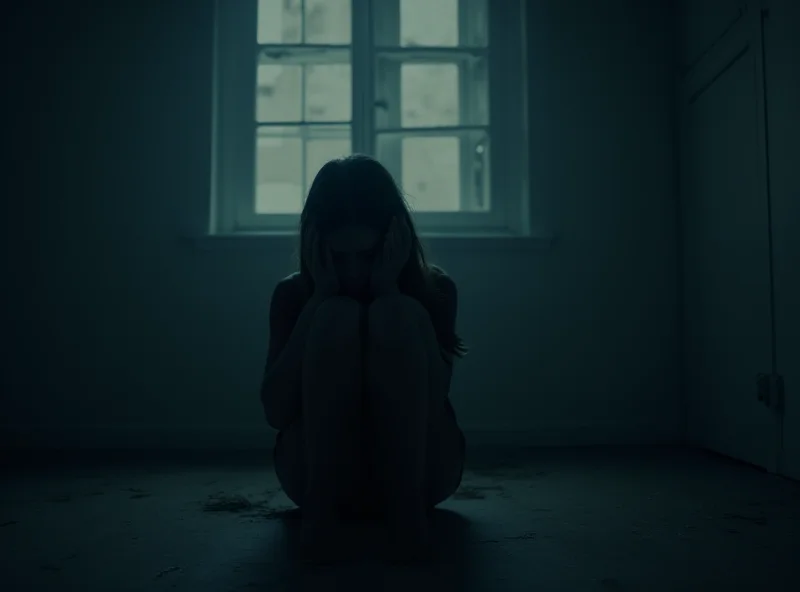 Teenage girl looking distressed, sitting alone in a dimly lit room.