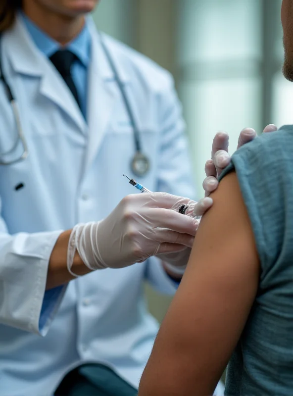 A doctor administering a vaccine to an adult patient in a clinic.
