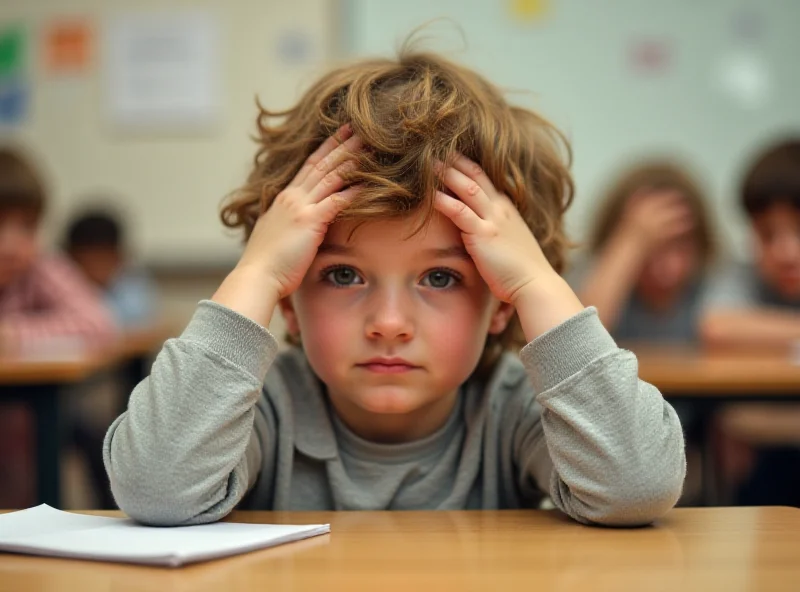 A tired looking child rubbing their eyes in a classroom.