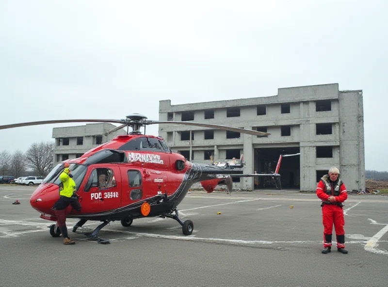 A grounded helicopter with emergency medical personnel standing nearby, looking frustrated, with a partially constructed building in the background