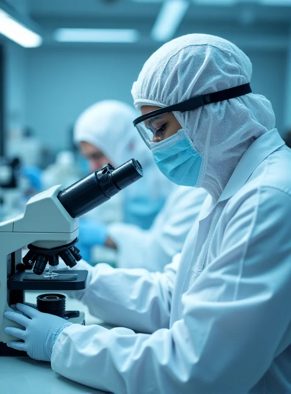 Scientists in a lab wearing full protective gear, examining samples under microscopes, with a focus on avian influenza research and detection.