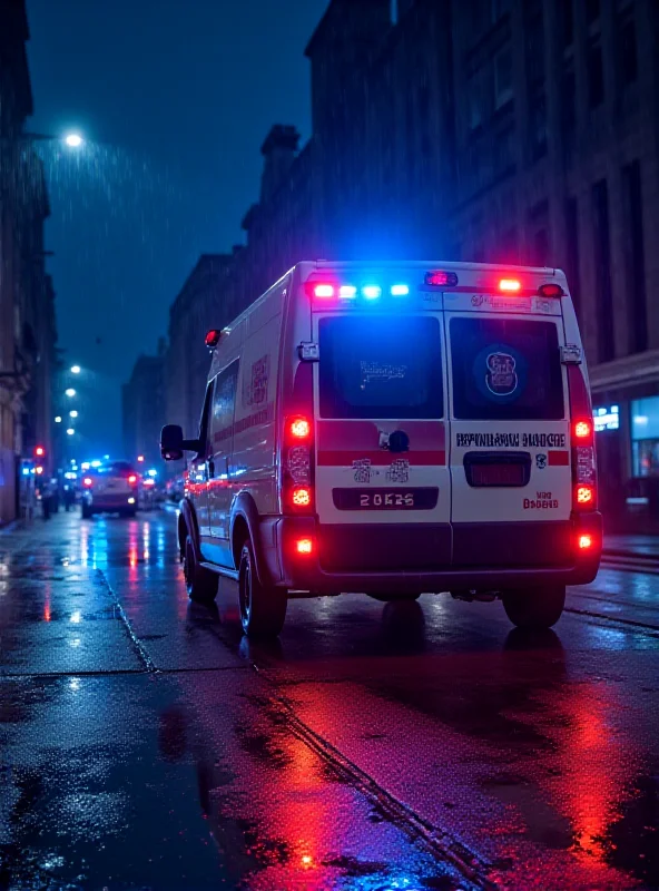 An ambulance with flashing lights parked on a city street at night. The scene conveys a sense of urgency and the important role of paramedics.