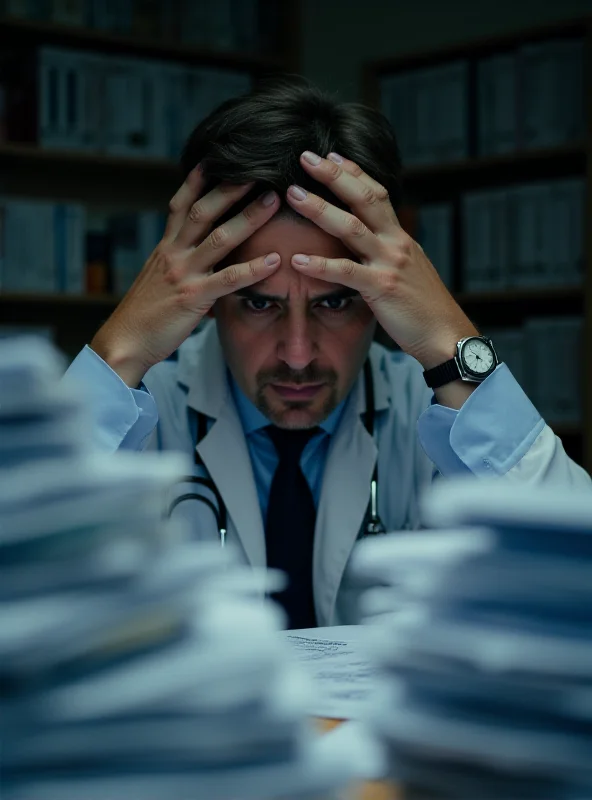 A doctor looking stressed while reviewing financial documents in their office, symbolizing the financial strain on clinics.